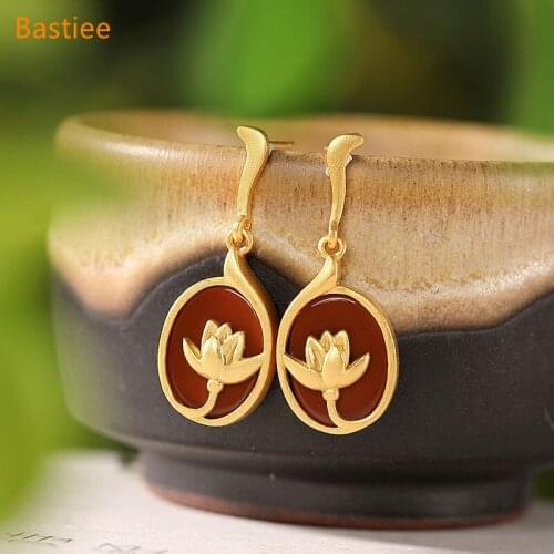 Bastiee 925 Sterling Silver Earrings Earings Fashion Jewelry Red Agate Golden Plated Korean Earrings Dangle Earrings