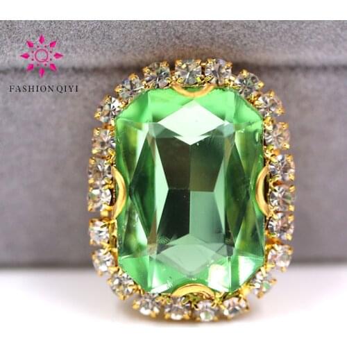 Free shipping Gold base Rectangular octagonal shape Light Green sew on rhinestones glass Crystal button DIY clothing accessories