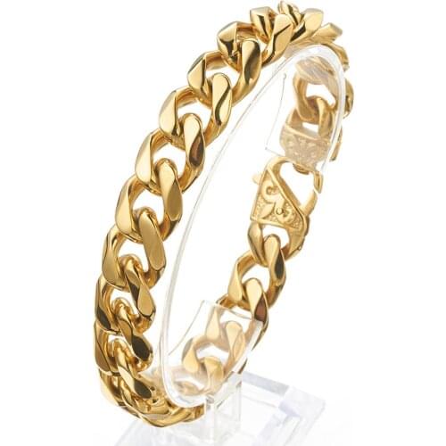 13/15MM Wide Fashion 316L Stainless Steel Gold Tone Handmade Curb Cuban Chain Jewelry Mens Womens Bracelet Wristband 7-11inch
