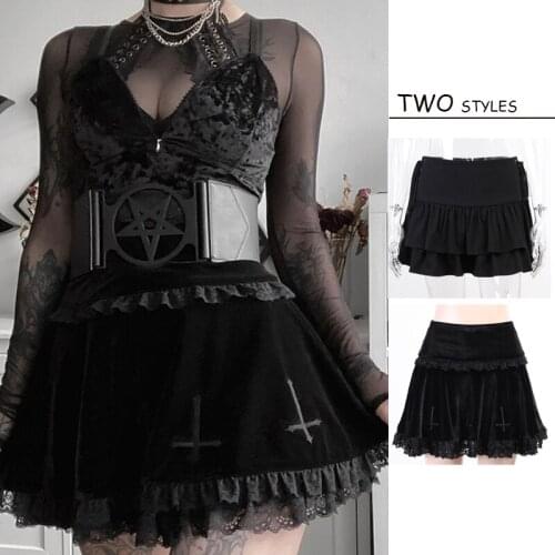 Women Gothic Harajuku Bandage Skirt Black Mini Pleated Skirts Punk Aesthetic Pleated Skirts Lace Trim Academia Dance Streetwear