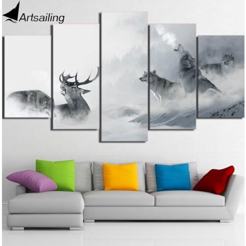 HD Printed 5 Piece Canvas Art White Howling Wolf Group Deer Painting Wall Pictures for Living Room Decor Free Shipping NY-7196B