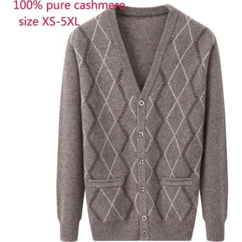 New High Quality 100% Pure Cashmere Sweater Plaid Cardigan Men Thick Jacket Computer Knitted Casual V-neck Plus Size XS-4XL 5XL