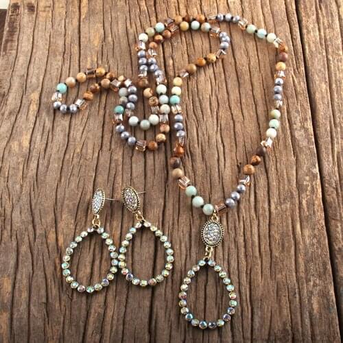 MD Fashion Jewelry Set Natural Stone & Glass Long Knotted Drop Pendant Necklace Earring Set Women Gift Dropship