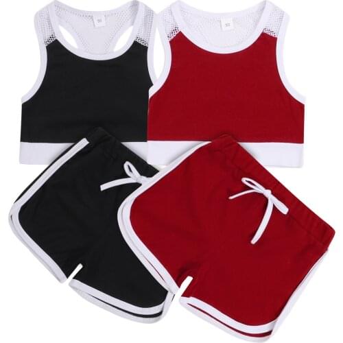 New 2Pcs Kids Summer Tracksuit, Mesh Splicing O-Neck Sleeveless Tank Tops + Elastic Waist Shorts for Girls, 1-6 Years