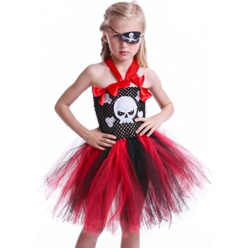 Cool Girls Halloween Pirate Captain Cosplay Costume For Children Girl Masquerade Party Dress Up Skull Tutu Dresses Blindfold