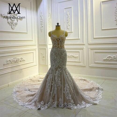 Gelinlik Spaghetti Straps Lace Applique Champagne Mermaid Wedding Dress