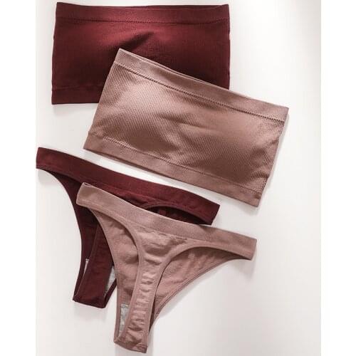 Summer Strapless Bra Set Women Sexy Seamless Underwear Fashion Crop Top Suit Bandeau Top High Waist Thong Push Up Lingerie Set