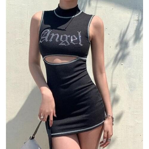 Summer Ladies Temperament Mini Skirt, Women Leisure Style Half High Collar Letter Rhinestone Decoration Sleeveless Hollow Dress