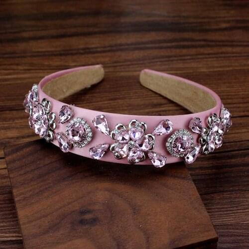 Fashion luxury flower pink crystal hairband sparkly rhinestone headband for women girls hair jewelry