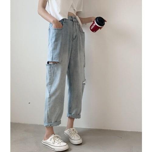 Korean Fashion Blue Wide Leg Jeans for Womens Denim Clothing Teenage Girls Ripped Hole Pants Baggy High Waisted Harem Streetwear