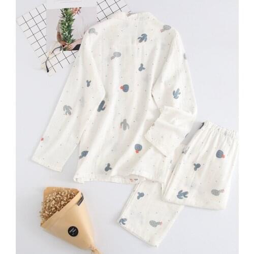 Fashion Ladies Cotton Double Gauze Pajamas Set Cartoon Cactus Cute Long-sleeved Trousers Two-piece Home Service Women