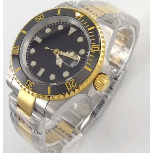 40mm Black Sterile Dial Luminous Ceramic Bezel Date Sapphire Glass Gold Automatic NH35 Miyota 8215 MOVEMENT Mens Wristwatch