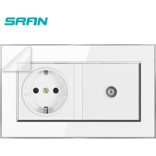 SRAN EU Wall Power Socket + TV socket CAT5 Retardant crystal acrylic panel 146*86mm Electricity outlet black/white/gold