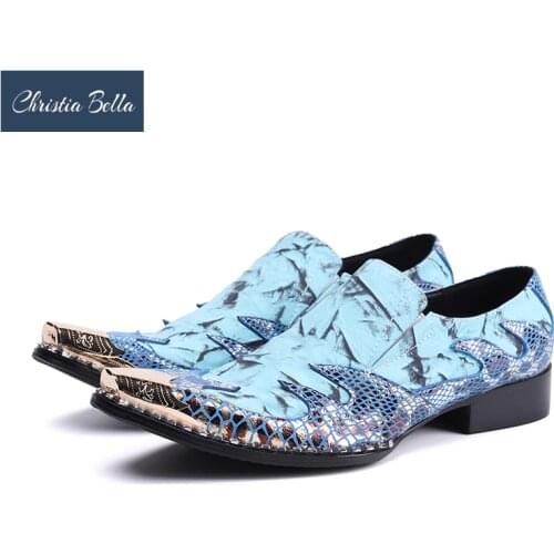 Christia Bella New Fashion Party Men Shoes Blue Real Leather Dress Shoes Metal Square Toe Brogue Shoes Male Business Footwear