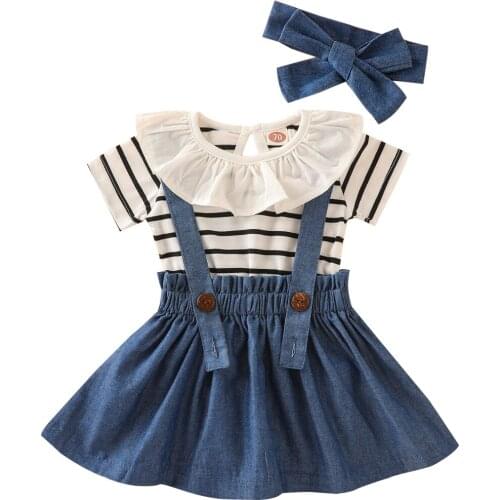 Toddler Baby Girls Clothes 3-piece Outfit Set Short Sleeve Striped Romper+Solid Color Suspender Skirt+Headband Set