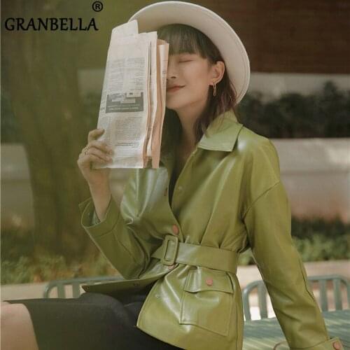 Slim PU Coats Women Fashion Faux Leather Jackets Female Elegant Tie Belt Waist Pockets Buttons Coats For Office Ladies