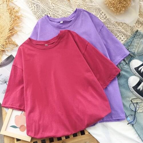 Casual Solid Short Sleeved T Shirt Girls Plus Size Shirts 2021 Summer Women Candy Color Tees Loose Minimalist Basic Tops Vintage
