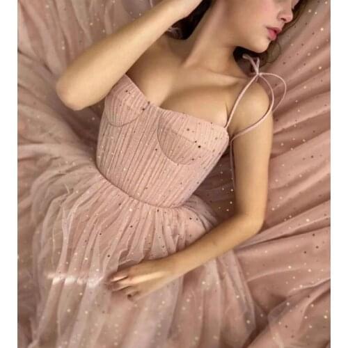 Dusty Pink Tulle Prom Dresses Spaghetti Straps With Ties Bow Pockets Ruched Long Evening Party Gowns Vestidos De Fiesta Rochii