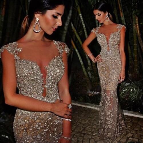 Luxury Mermaid Evening Dress Beaded Crystal Sheer Neckine Silver Red Carpet Celebrity Party Dress Illusion Hem Robe De Soiree
