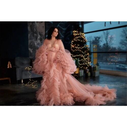 Pink Tulle Long Robe Pregnant Women Gowns See Thru Front Slit Ruffles Fluffy Maternity Dress With Flare Long Sleeves