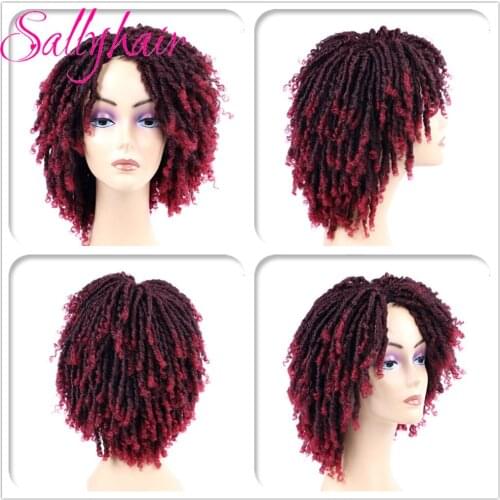 Sallyhair Short Synthetic Dreadlock Hair Wig for Black Woman 14 inch Ombre Burgundy Brown Color Curly Faux Locs Braids Wigs