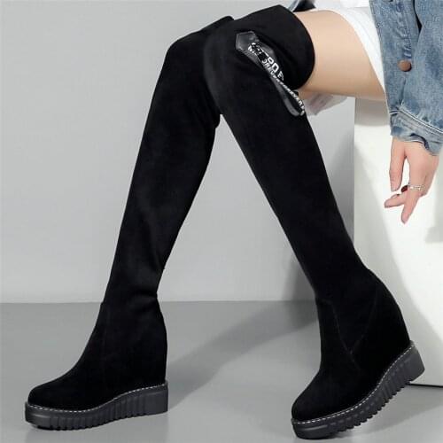 Women Genuine Leather Wedges High Heel Over The Knee High Military Boots Female Round Toe Stretchy Thigh High Fashion Sneakers