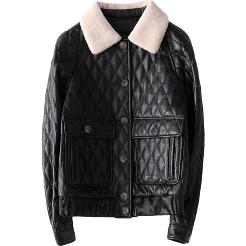 Womens Leather Jacket Short Long Sleeves Sheepskin Lapel Single Breasted Soft Texture Elasticity Warm Ladie Jacket Casual Style