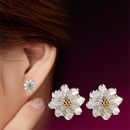 KOFSAC Charm 925 Sterling Silver Earring Beautiful Small Lotus Stud Earrings for Women Party Jewelry Girl Best Gifts brincos