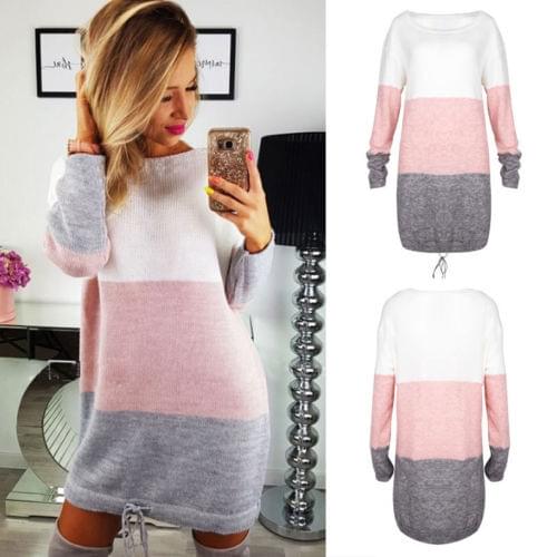 2020 New Hot Winter Warm Women Dresses Long Sleeve Knit Cardigan Dress Loose Casual Patchwork Sweater Tops O Neck Mini Clothing