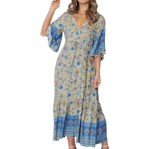 TEELYNN boho flare sleeve midi dress women vintage cotton floral print summer dresses beach casual v neck Bohemia vestidos 2020