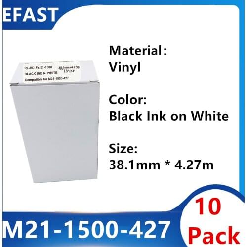 10 Pack Compatible M21-1500-427 printable sleeves, Labeling Tapes, Black on White Film Work with Portable Printer BMP21-PLUS