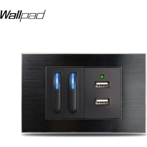 118*72mm 2 Gang Switch and Dual USB Wallpad L3 Black Aluminum Panel Piona Light switch and 2 USB Power Supply Socket