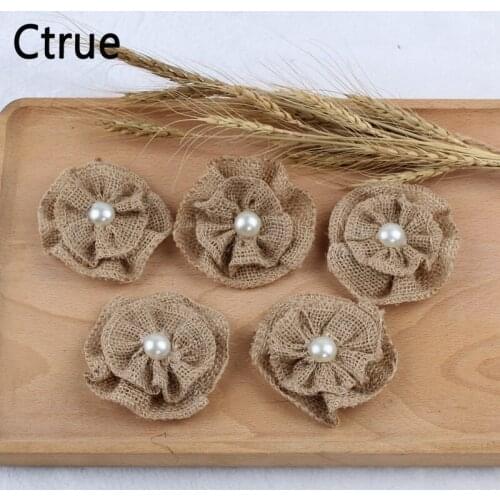 5pcs Handmade Jute Hessian Burlap Flower With Artificial beads rustic wedding decor vintage christmas wedding decoration