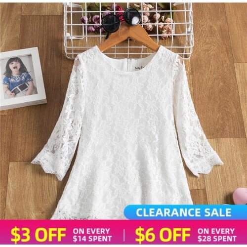 Girls White Lace Embroidery Dress Kids Spring Summer Floral Dresses Children Three Quarter Sleeve Wedding Party Princess Costume