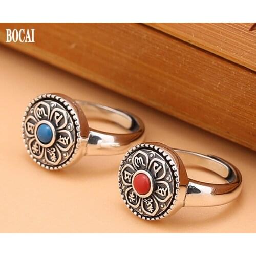 BOCAI New 100% s925 sterling silver fashion retro personality six-character mantra, good luck rotatable man ring