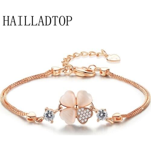 Crystal Rhinestones Four Leaves Grass Bracelet Good Luck Clover Bangle for Women CZ Zircon Shiny Heart Charm Jewelry Chain Brace