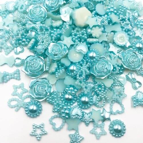 100pcs Blue ABS Resin Half Round flower Bow Alien Pearls For Art Flatback Non Hotfix Rhinestones Pearl Shoes Beads DIY Phone