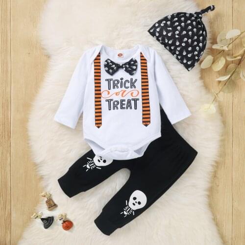 0-24M Baby Boys Halloween Clothes Set Letter Long Sleeve Gentleman Romper + Pants + Hat Spring Autumn 3Pcs Festival Outfits