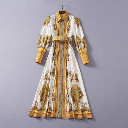 And American womens European wear 2021 winter new style Lantern sleeve long sleeve lapel The belt Fashion retro print dress