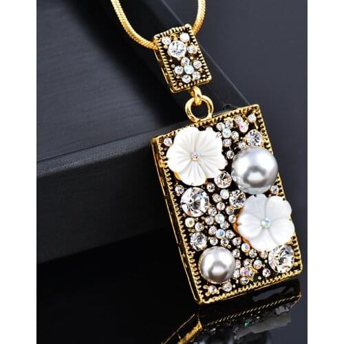 KIOOZOL Vintage Double Rectangle Pendant Inlaid White Flowers Grey Pearls Full Paved CZ Black Gun Plated Long Necklace 304 KO2