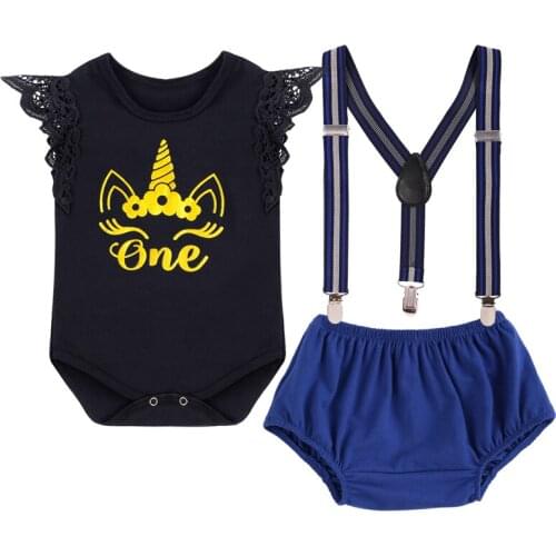 3pcs Set Baby Girl Clothes 1st Birthday Cake Smash Outfit Lace Sleeveless Bodysuit Suspenders Pants Unicorn Cute Girls Clothes