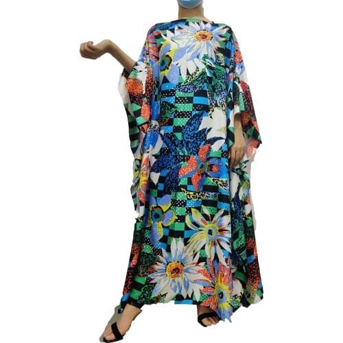 Beautiful Bohemian Ramadan Summer Silk Printed Kaftan Maxi Dresses Oversize Kuwait Beach Sundress For Women
