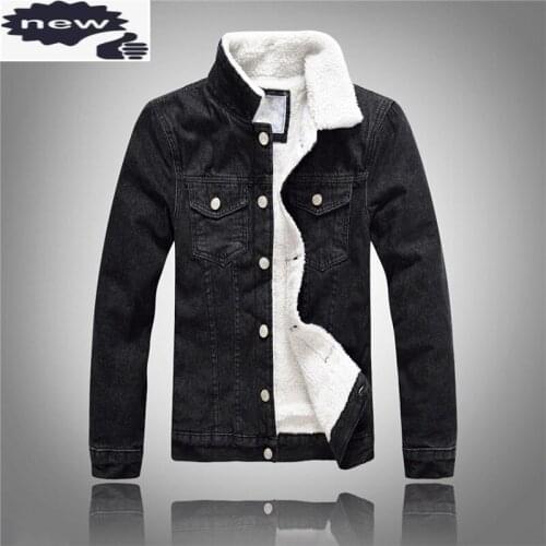 Winter New Fashion Men Short Casual Fur Lining Coats Male Single Breasted Turn Down Collar Jackets Jean Denim Large Size M-5XL