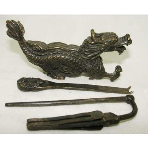 Rare Chinese old style Brass Carved dragon lock and key