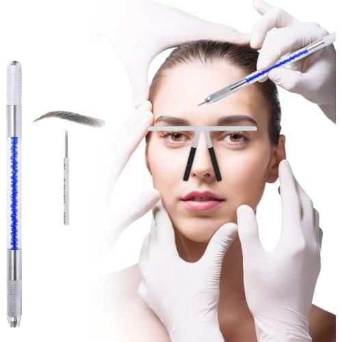 Eyebrow Ruler Tattoo Manual Pen Kit Set with Round Needles Eyebrow Microblading Permanent Makeup Metal Measure Shaping Stencil
