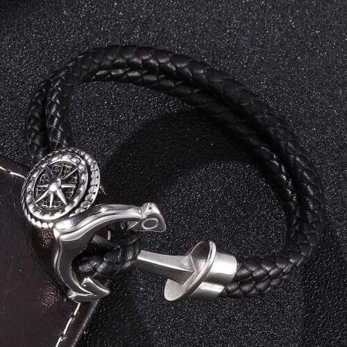 Fashion Stainless Steel Anchor Buckle Double Layer Leather Braided Bracelets Men Women Jewelry Unisex Wrist Band Gifts ST0183