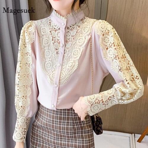 New 2021 Korean Style Sweet Blouse Women Crochet Hollow Lace Stitching Puff Sleeve Tops Stand-up Collar Bottoming Shirt 12901