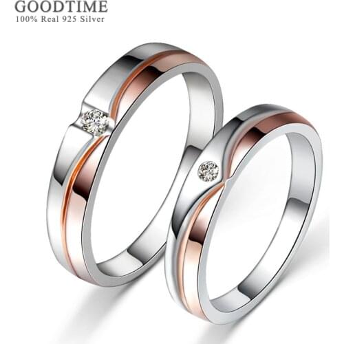 Romantic Couple Ring 100% Pure 925 Sterling Silver Ring Zircon Rose Gold & White Color Wedding Rings For Lovers Women Men