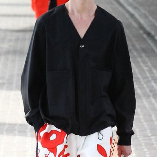 S-6xl The New Men Clothing Spring And Summer Fashion V-neck Shirt Hairstylist Black Loose Male Simple Long Sleeve Shirt Costumes