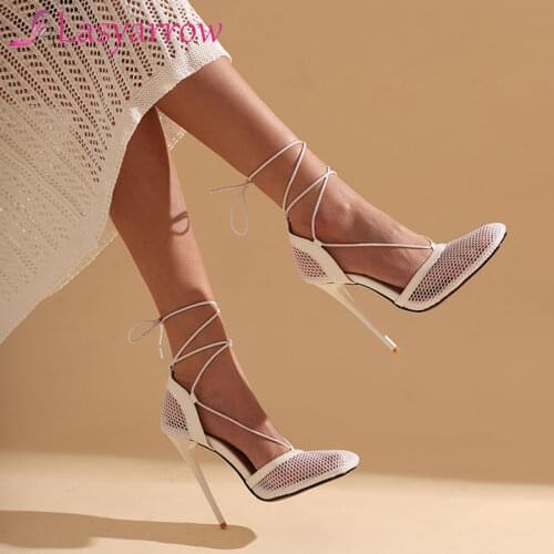 Lasyarrow Summer Sandals Women Shoes Lace Up Thin High Heel Party Shoes Black White Pointed Toe Sandals Female Big Size 48